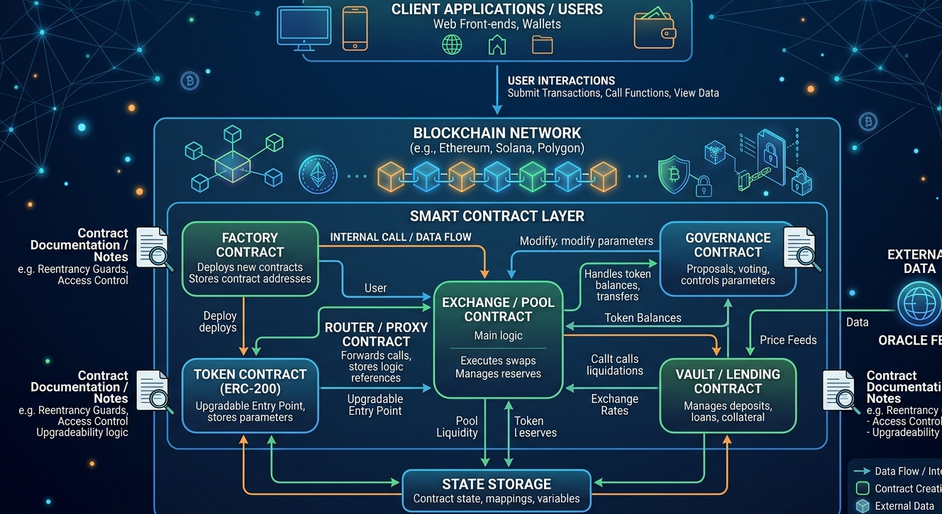 Smart contract architecture diagram with documentation and contract interactions