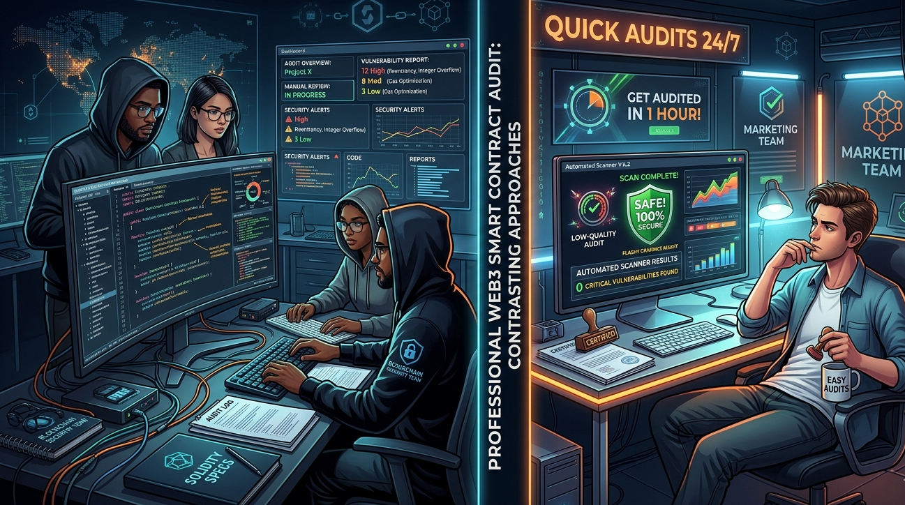 Comparison of a professional smart contract audit team versus a low-quality automated audit firm in Web3 security