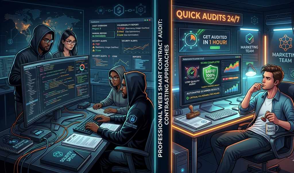Comparison of a professional smart contract audit team versus a low-quality automated audit firm in Web3 security