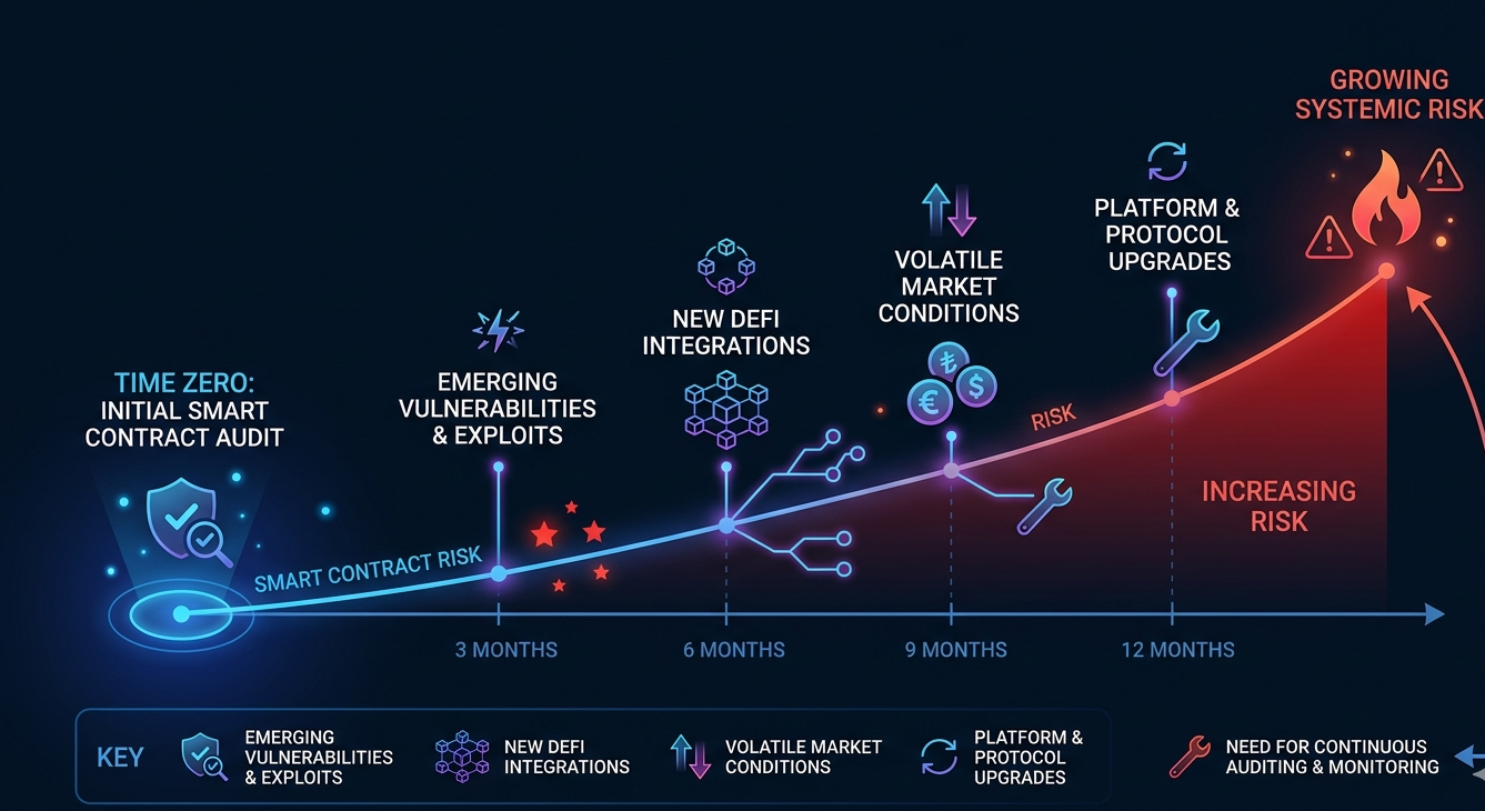 Visualization of how smart contract security degrades over time after audit due to evolving threats and conditions