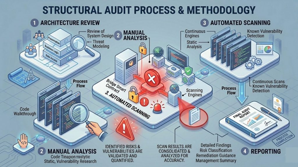 Flowchart of smart contract audit process including architecture review, manual analysis, and automated tools