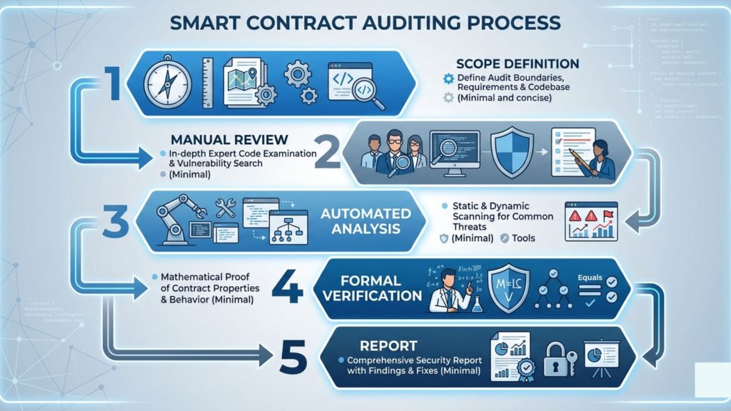 Flow diagram of smart contract auditing process including manual review automated analysis and formal verification