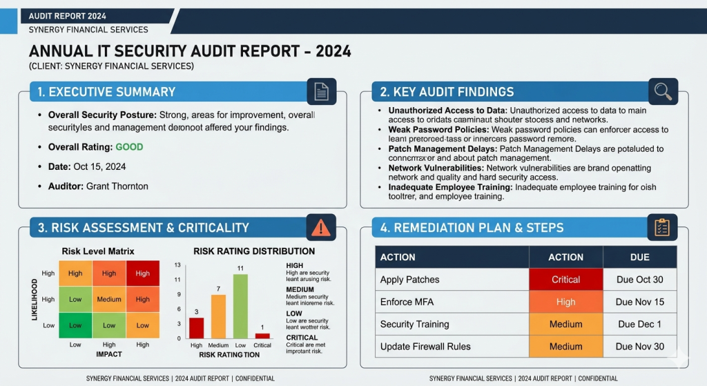 Smart contract audit report structure including findings, impact, and remediation recommendations
