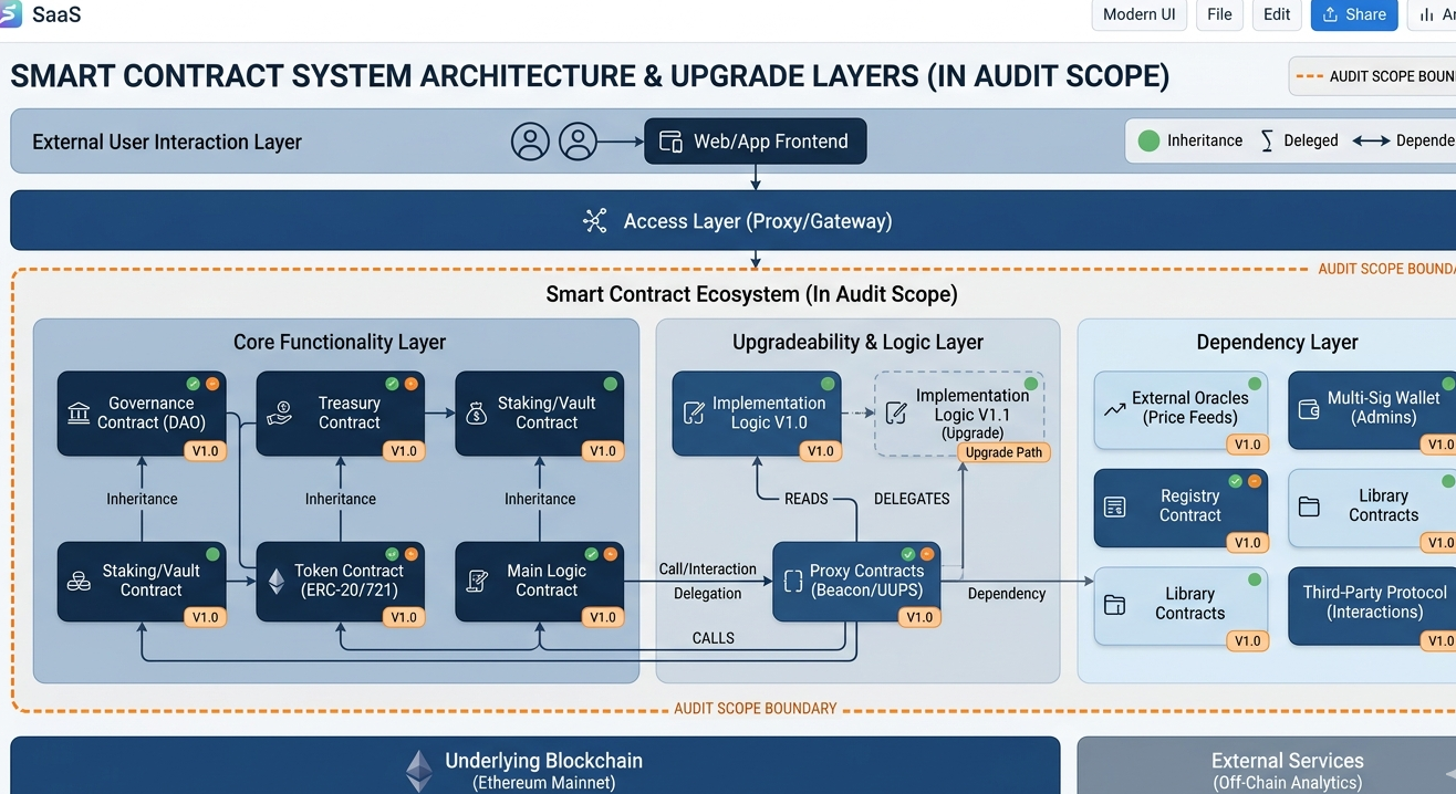 Smart contract audit scope covering multiple contracts, dependencies, and upgrade mechanisms