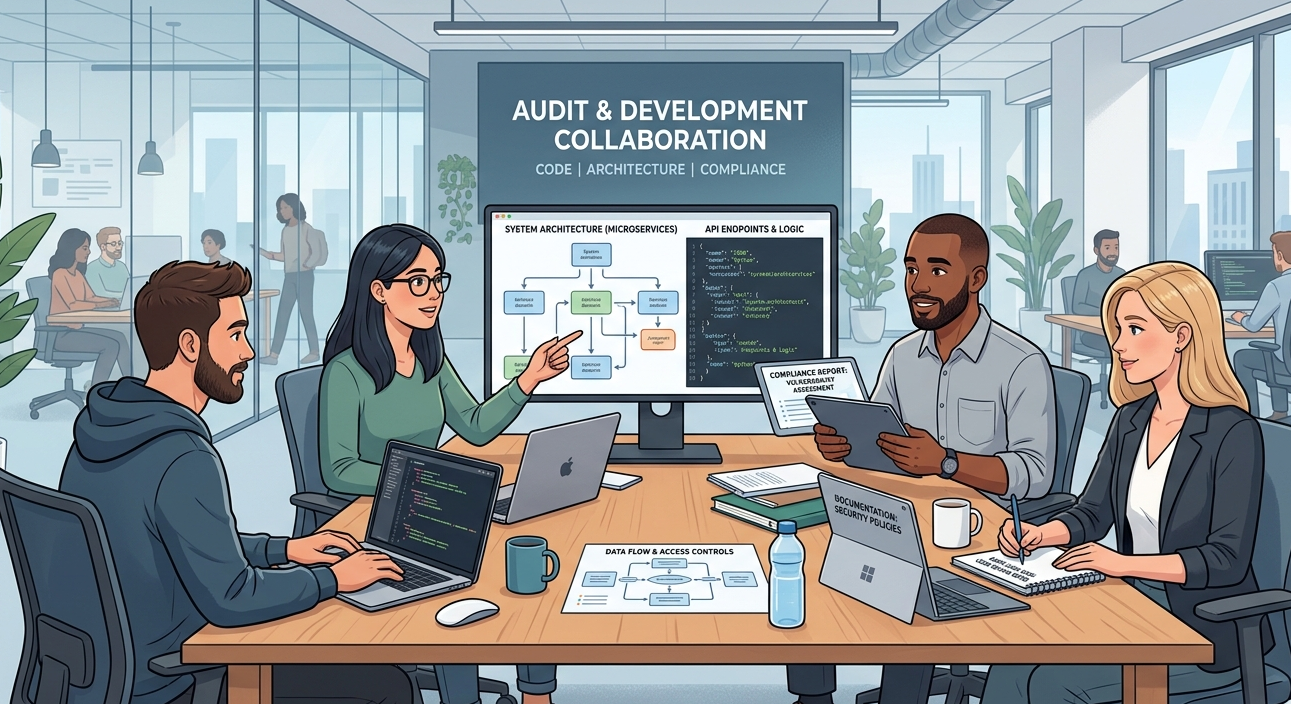 Smart contract audit scoping phase with developers sharing codebase, documentation, and architecture diagrams