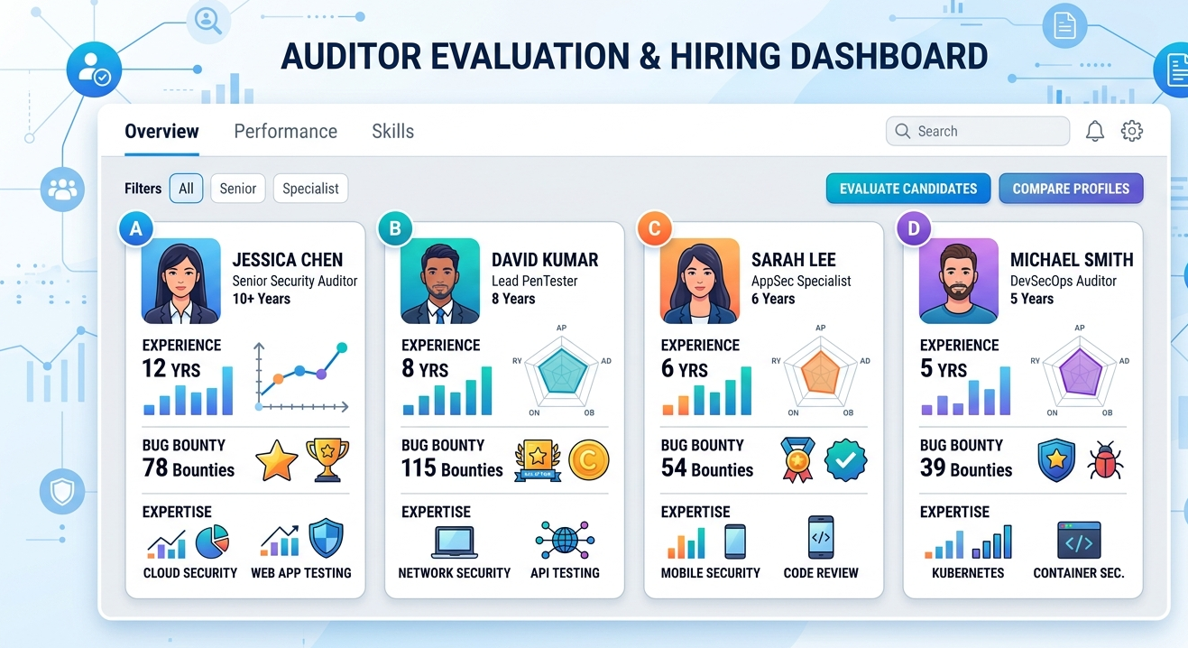 Evaluating individual smart contract auditors based on experience, bug bounty history, and technical skills