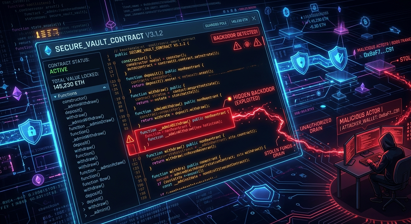 Illustration of a smart contract with hidden backdoor function enabling fund withdrawal