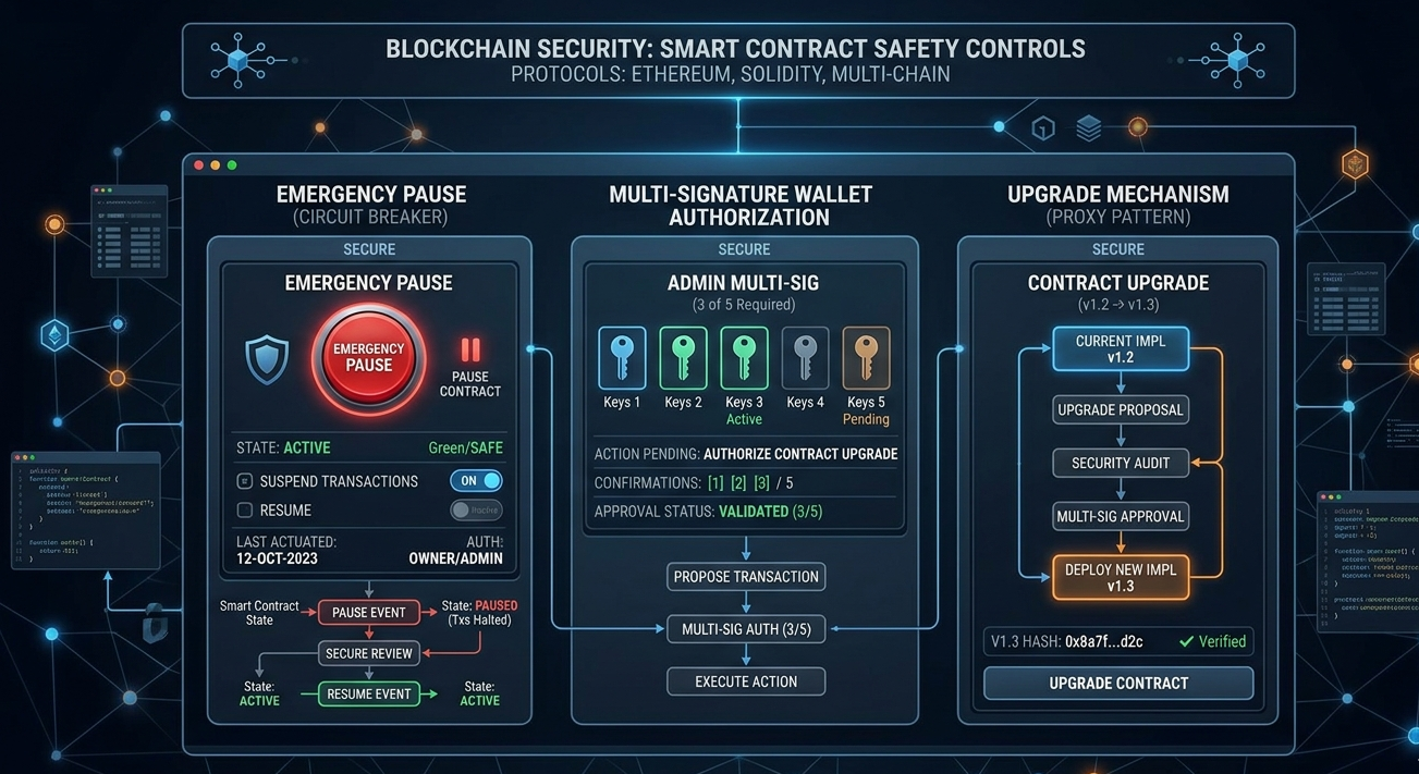 Smart contract with pause function, multi-signature control, and upgrade mechanism for incident response