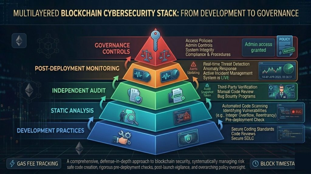 Layered security stack for smart contracts including development, audit, monitoring, and governance controls
