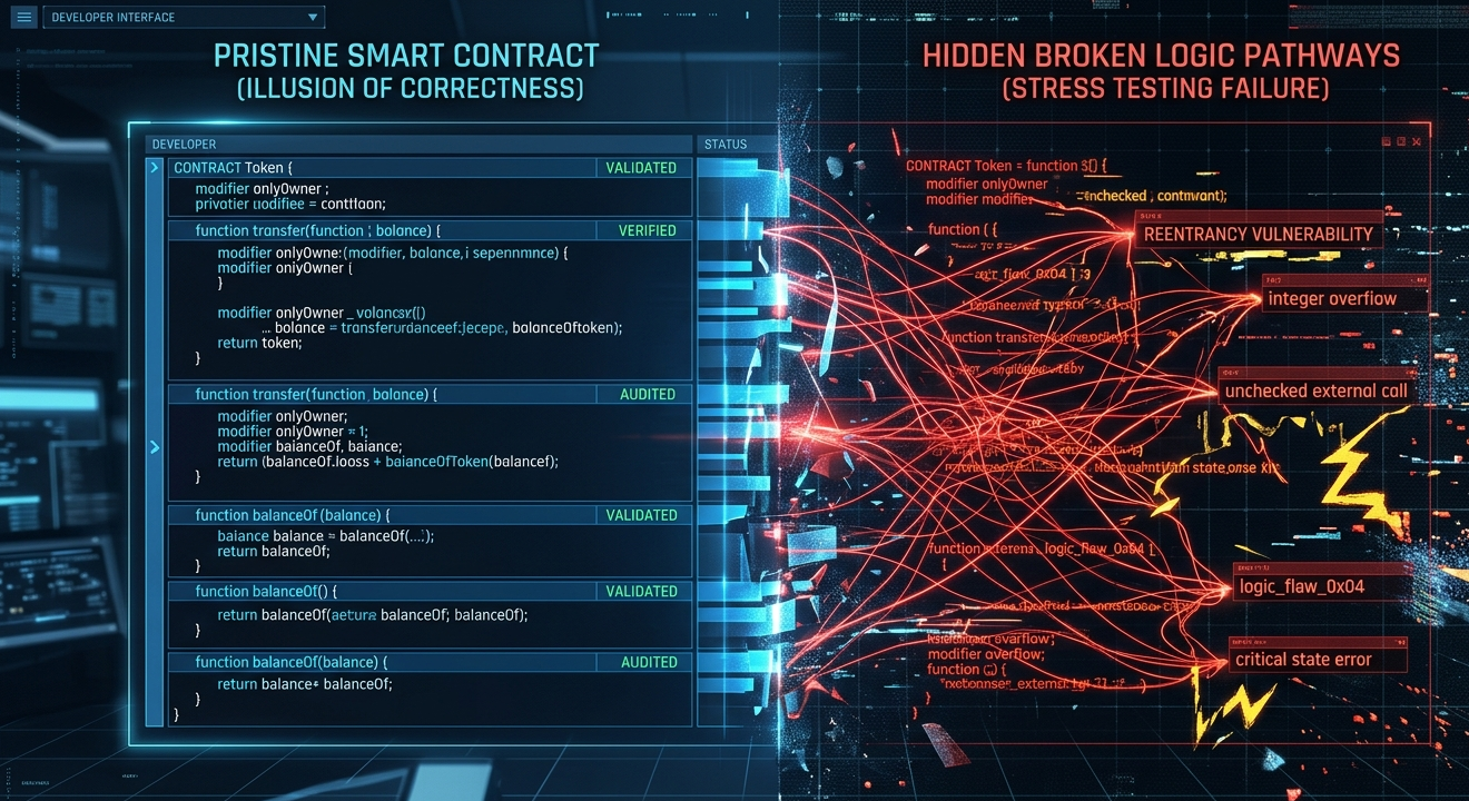 Smart contract logic flaw emerging from correct-looking code that behaves incorrectly under adversarial conditions