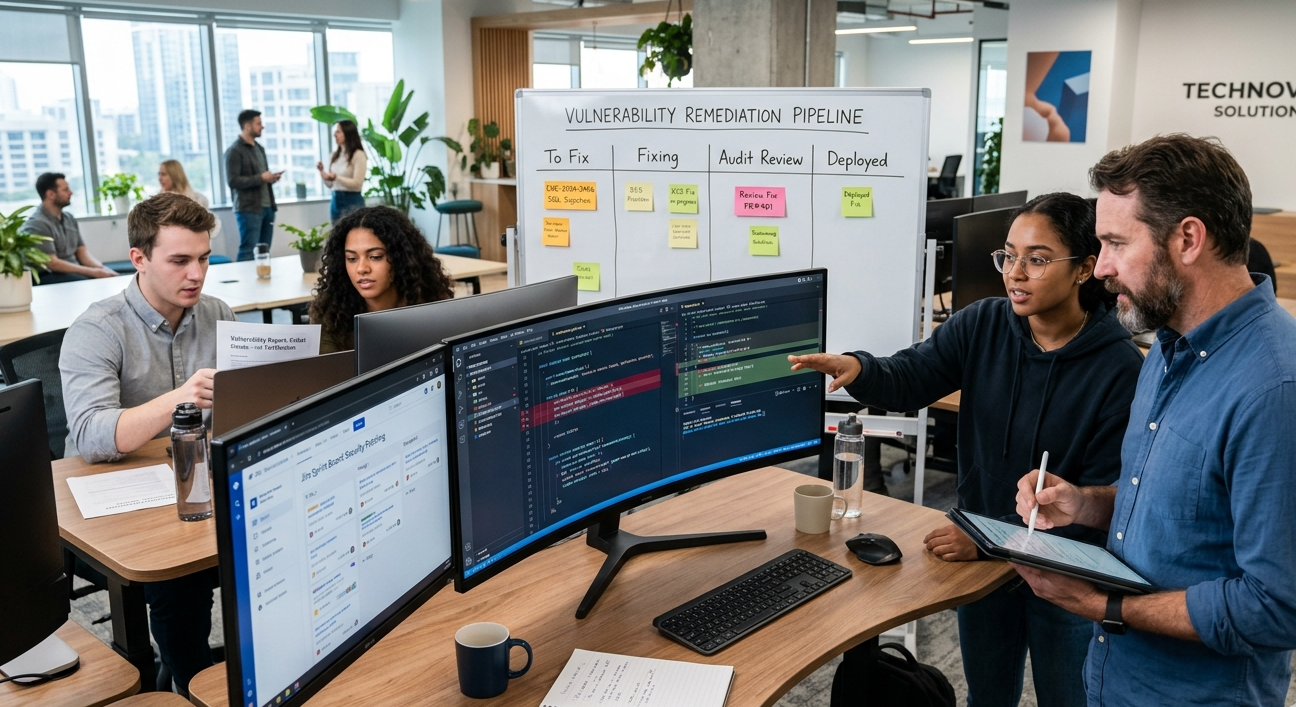 Smart contract developers fixing vulnerabilities and auditors verifying remediation