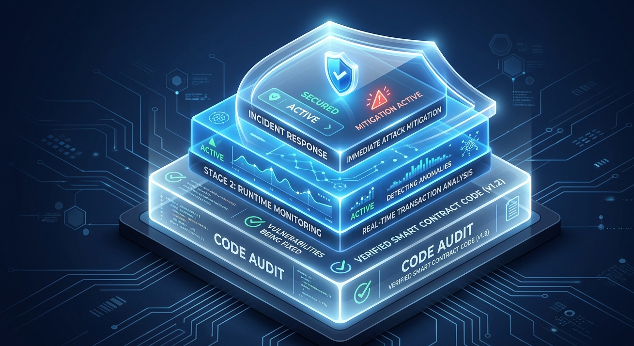 Layered smart contract security model showing audit, monitoring, and incident response