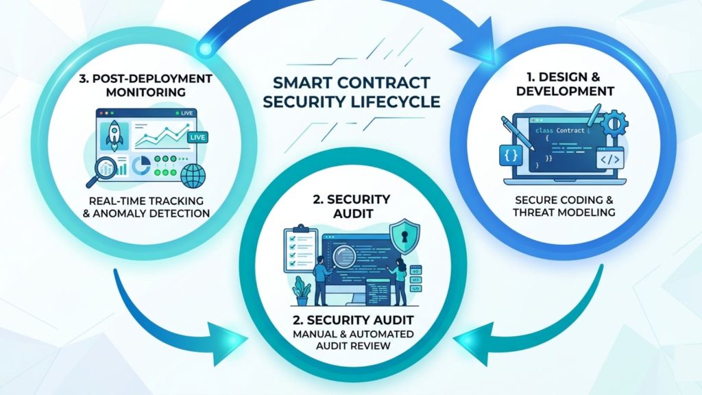 Diagram illustrating smart contract security lifecycle including design development auditing and post deployment monitoring