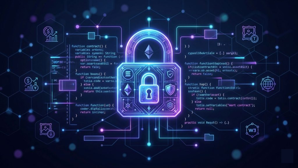 Smart contract code with digital lock representing Web3 security and blockchain protection in 2026