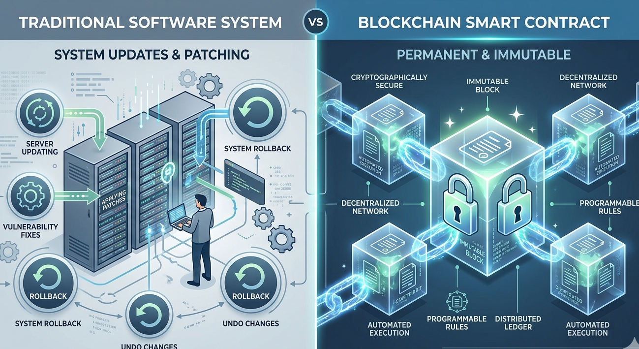 Comparison between traditional software systems that can be patched and immutable smart contracts on blockchain