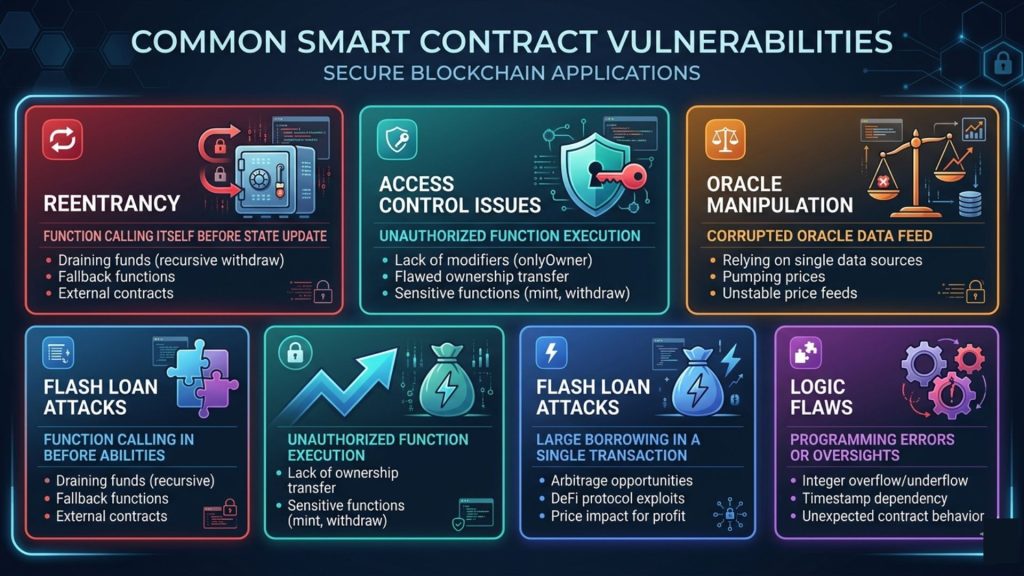 Infographic of common smart contract vulnerabilities including reentrancy access control failures oracle manipulation and flash loan attacks