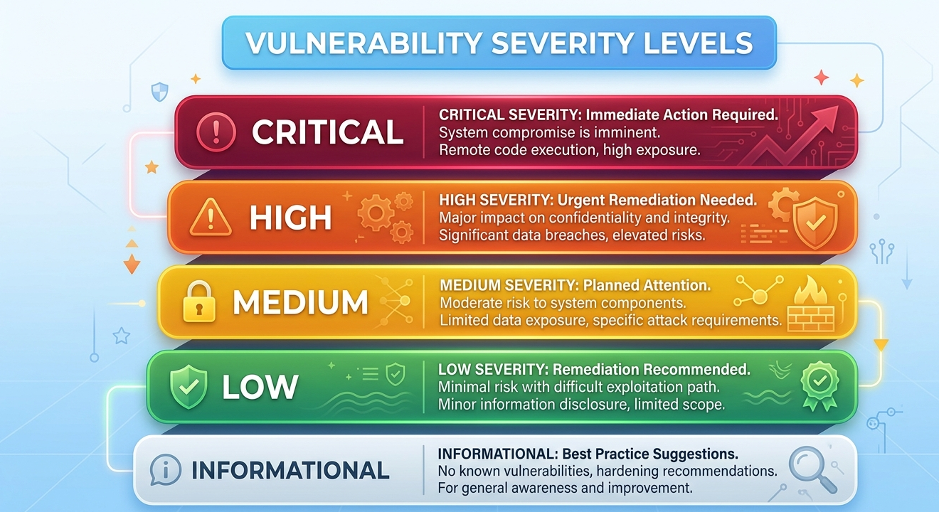 Smart contract vulnerabilities categorized into critical, high, medium, low, and informational levels