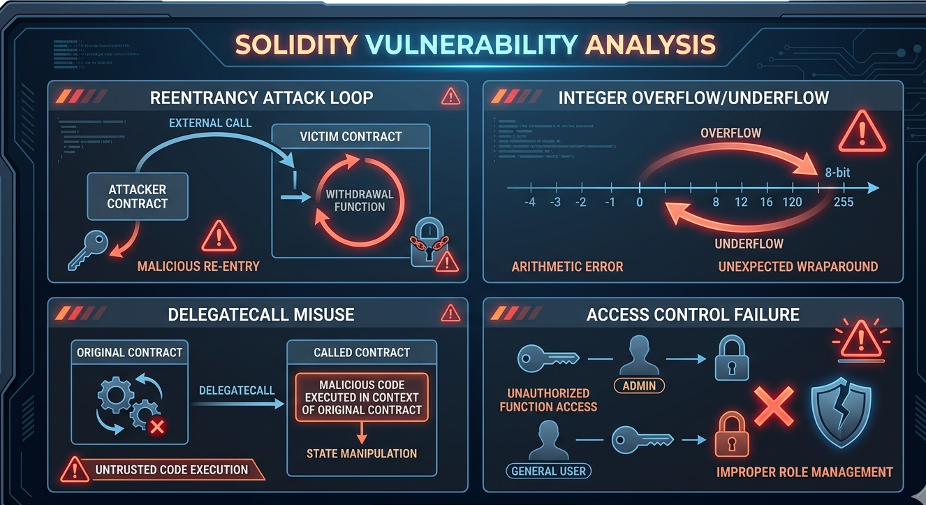 Common Solidity smart contract vulnerabilities including reentrancy, overflow, and access control issues