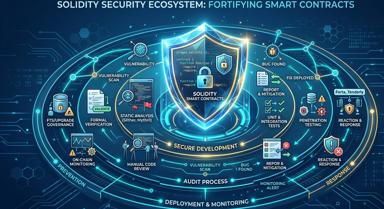 Solidity security ecosystem showing tools, audits, and vulnerability detection infrastructure