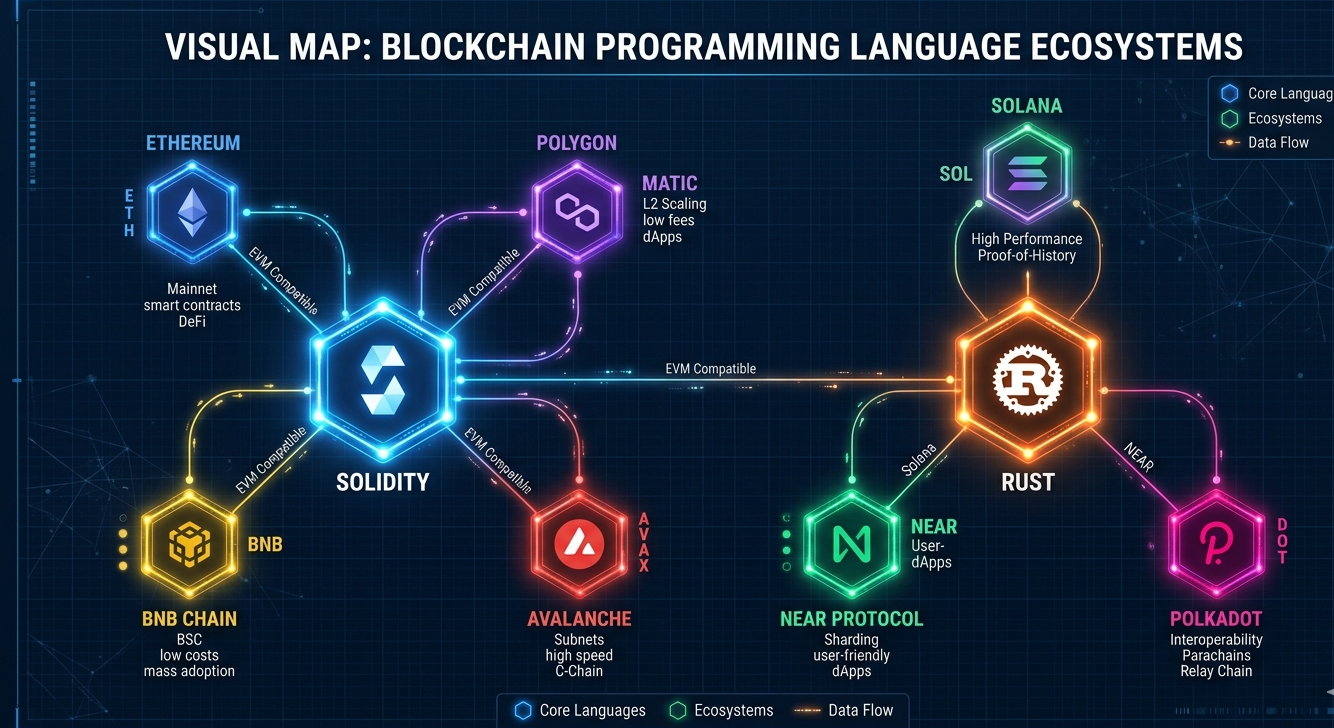 Blockchain ecosystem map showing Solidity on EVM chains and Rust on Solana, NEAR, and Polkadot