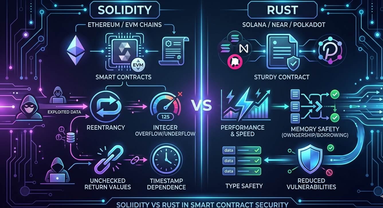 Solidity vs Rust smart contract security comparison showing EVM and non-EVM ecosystems