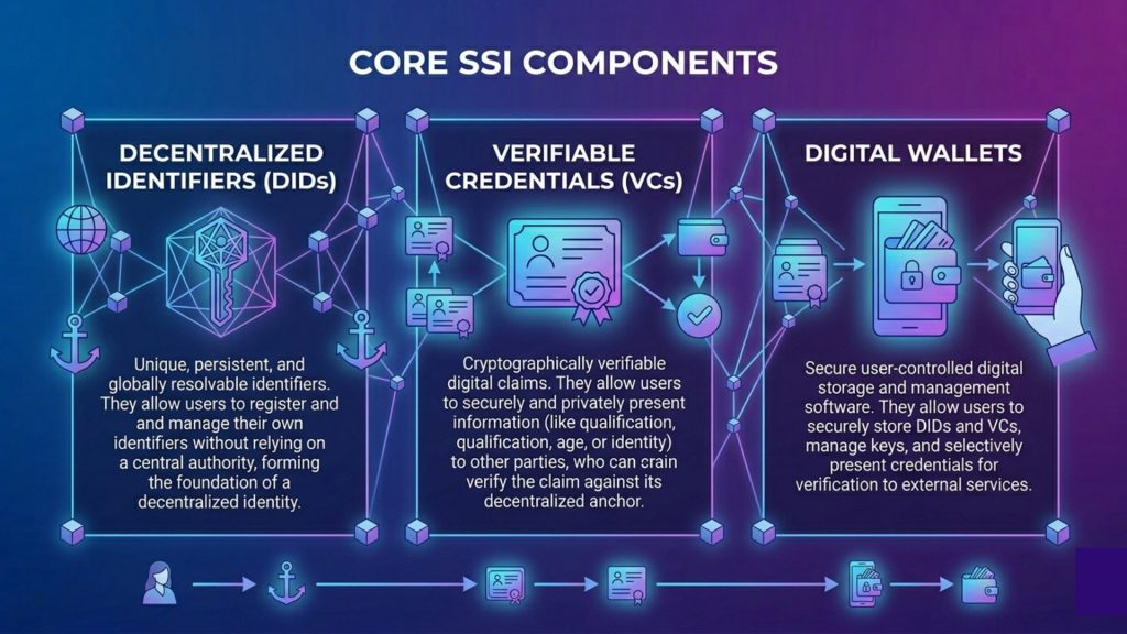 Infographic explaining decentralized identifiers verifiable credentials and digital wallets in self-sovereign identity systems