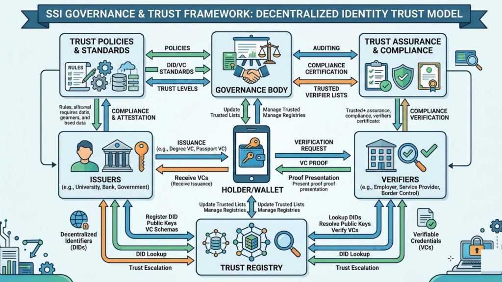 Diagram illustrating self-sovereign identity governance framework including issuers verifiers trust registry and compliance policies
