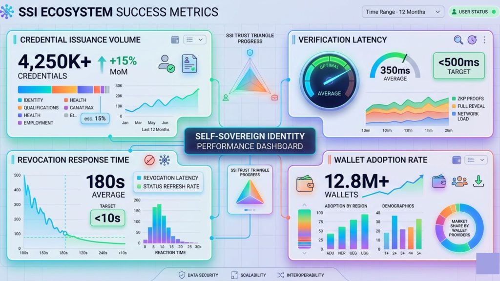 Dashboard infographic showing key metrics for SSI implementation such as credential issuance verification latency and wallet adoption
