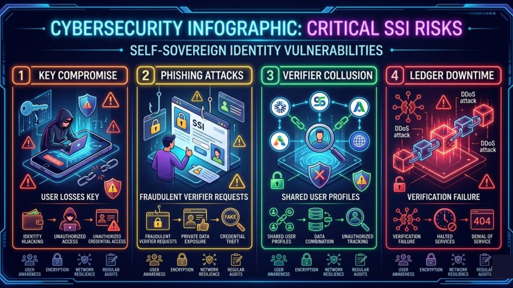 Infographic highlighting security risks in self-sovereign identity including key compromise phishing and verifier collusion
