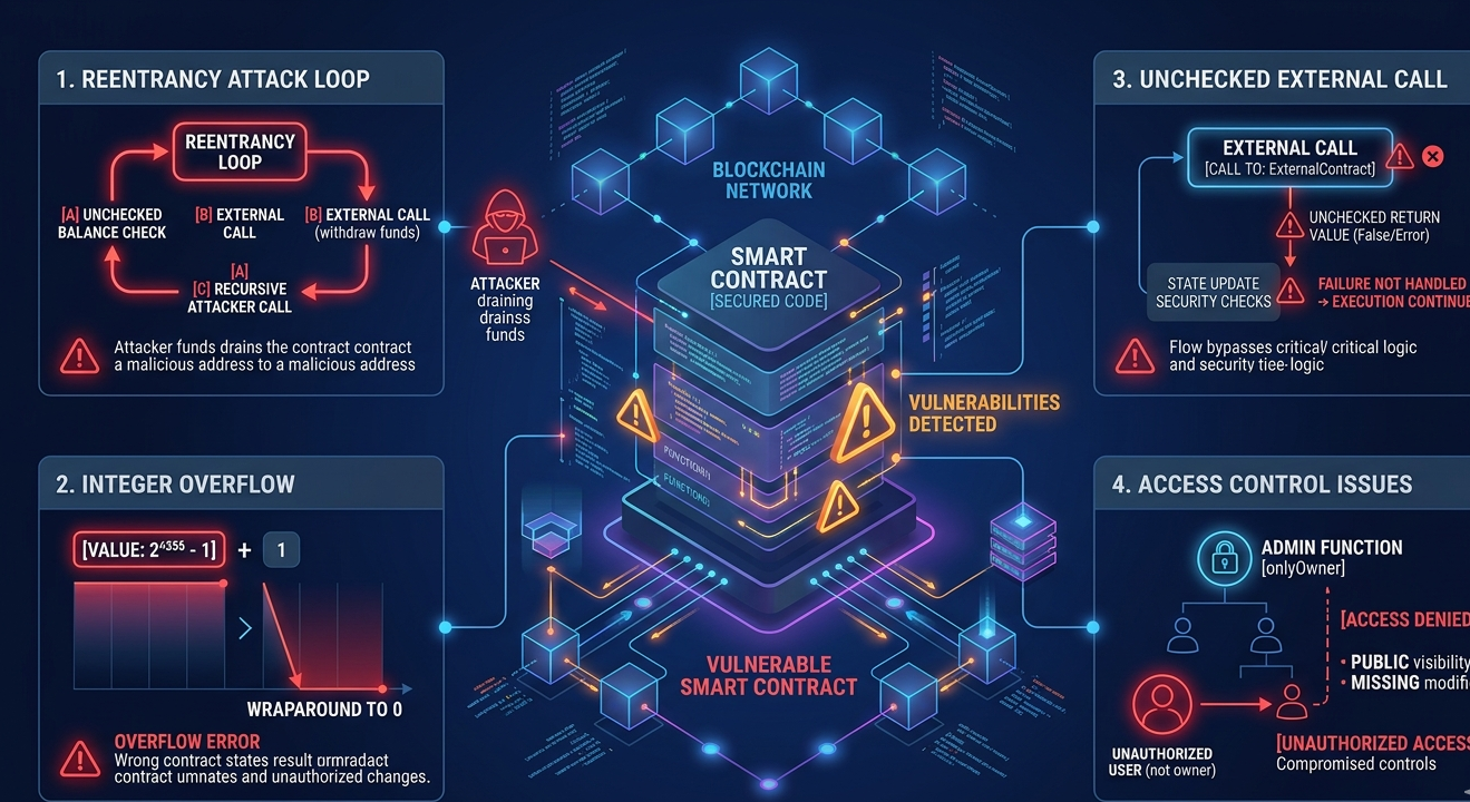 Smart contract vulnerabilities detected by static analysis including reentrancy and integer overflow