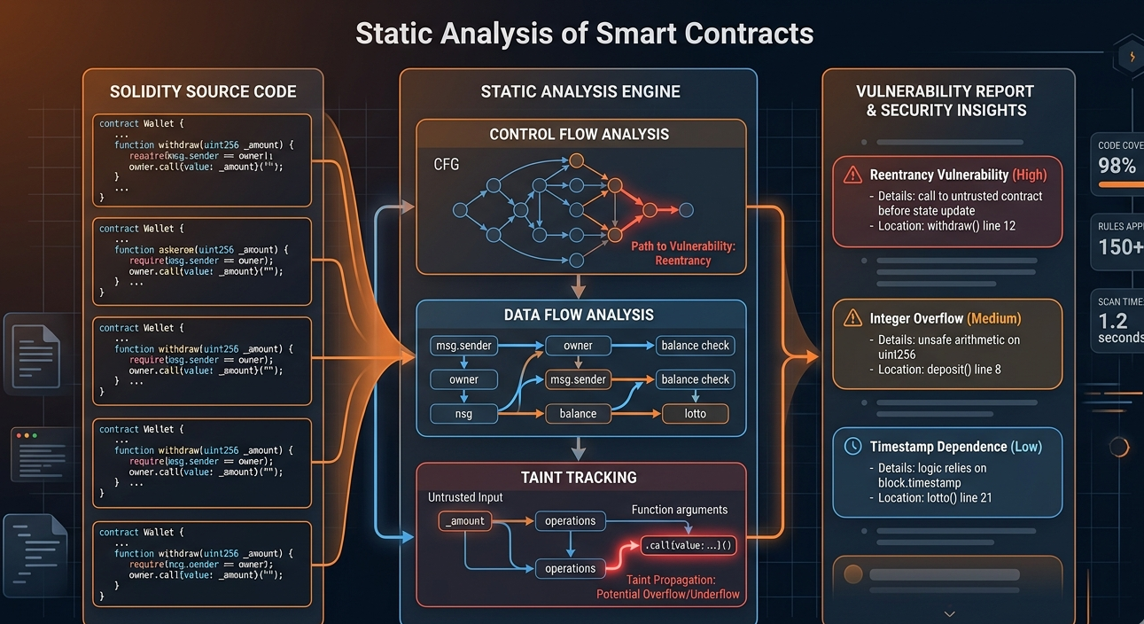 Static analysis workflow showing control flow, data flow, and taint analysis in Solidity contracts