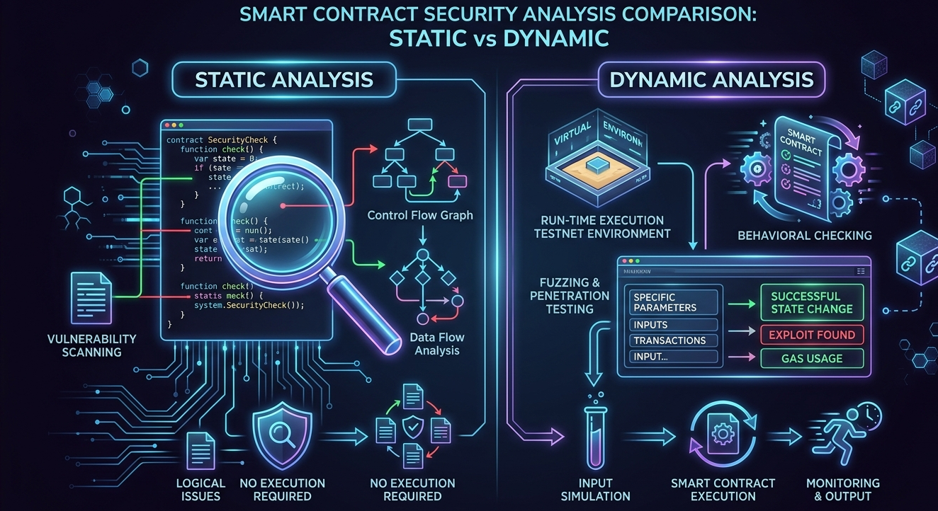 Static vs dynamic analysis in smart contract security showing code inspection vs runtime testing comparison