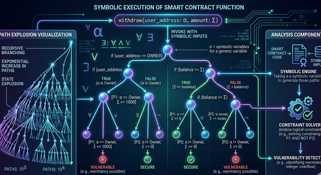 Symbolic execution in smart contracts showing multiple execution paths and variable states