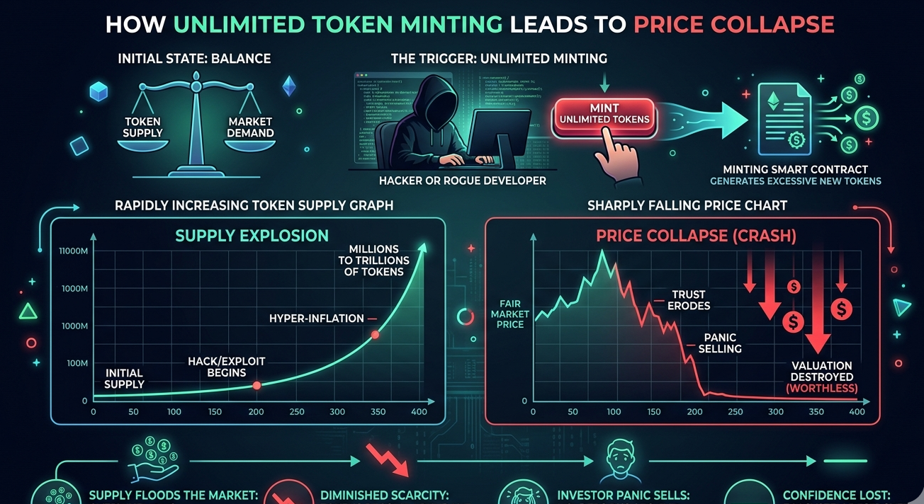 Diagram showing unlimited token minting leading to supply inflation and price crash