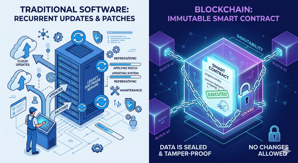 Comparison between traditional software security updates and immutable blockchain smart contract security model