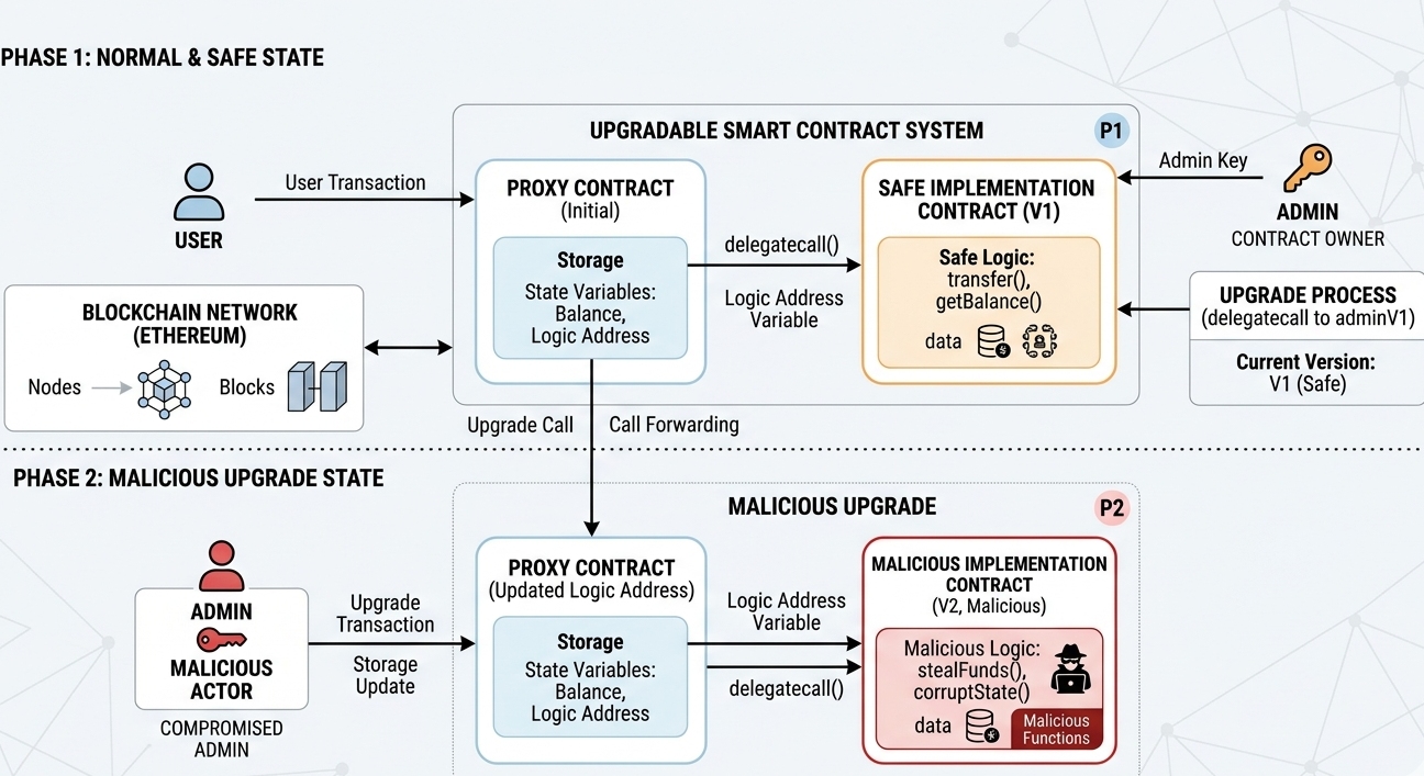 Visual diagram of proxy contract being upgraded to malicious implementation