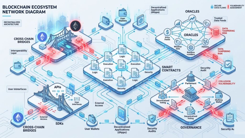 Illustration of Web3 attack surface including smart contracts, oracles, governance, and cross-chain bridges