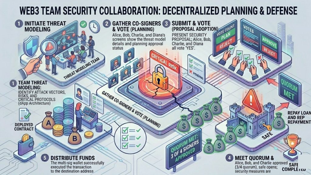 Web3 development team conducting threat modeling and security-focused architecture planning