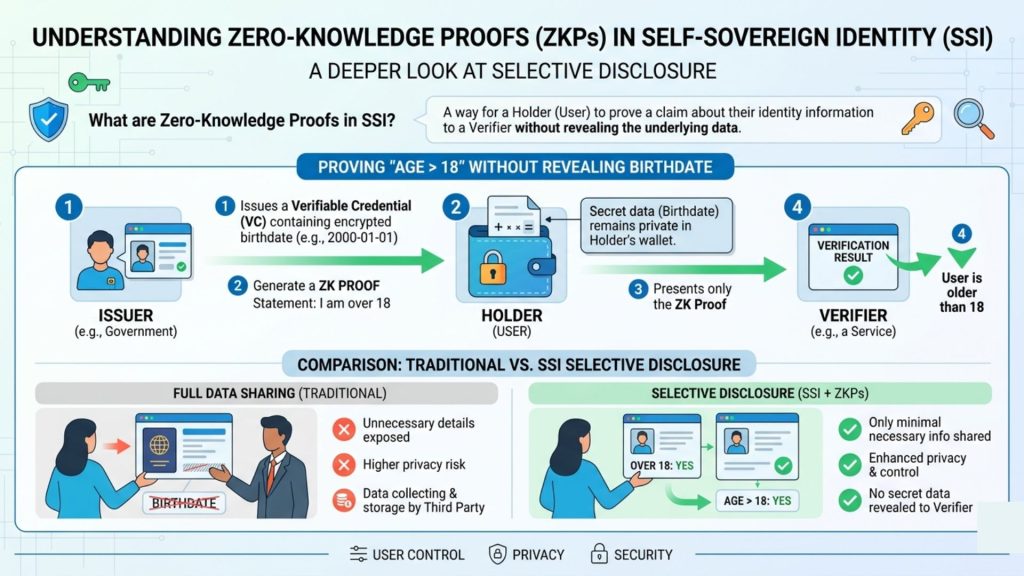 Infographic explaining zero knowledge proofs in self-sovereign identity for privacy preserving verification without revealing sensitive data