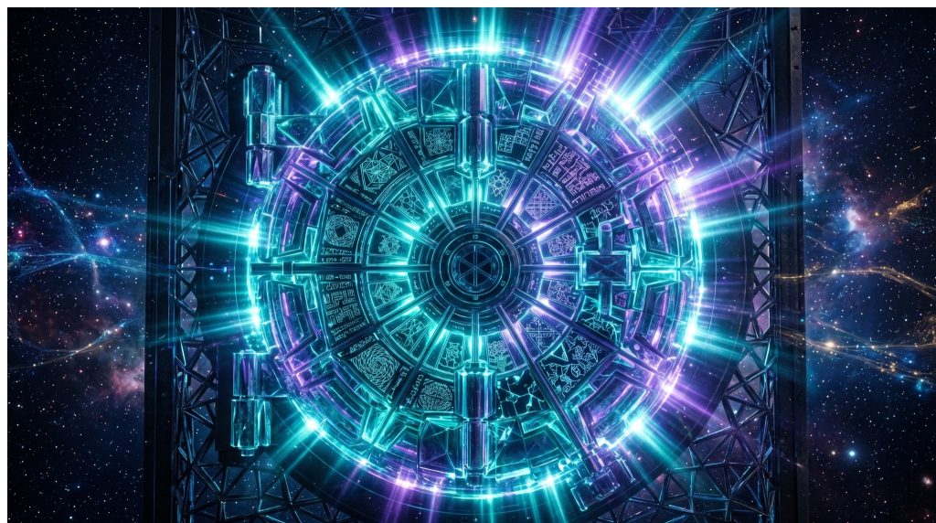 Sealed quantum-safe vault door radiating electric teal energy, representing a fully protected post-quantum enterprise powered by QuantumVault