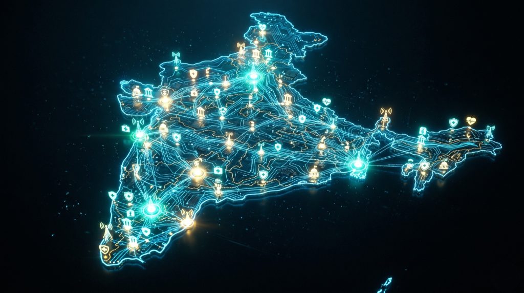 Glowing digital map of India showing interconnected critical infrastructure nodes across BFSI, healthcare, defence, and government sectors