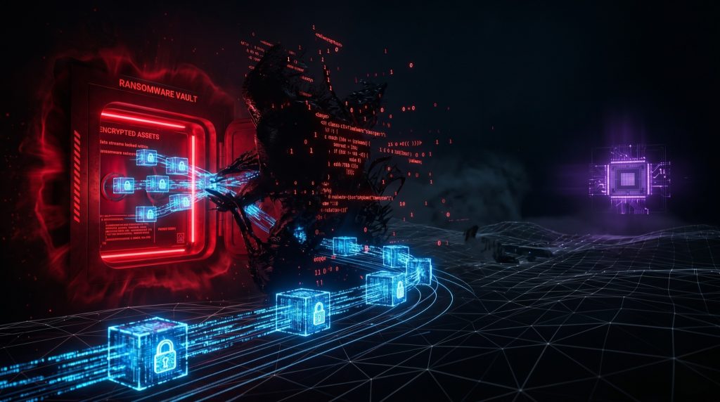 Visual metaphor showing encrypted data being harvested and stored by adversaries, with a quantum computer waiting in the background for future decryption