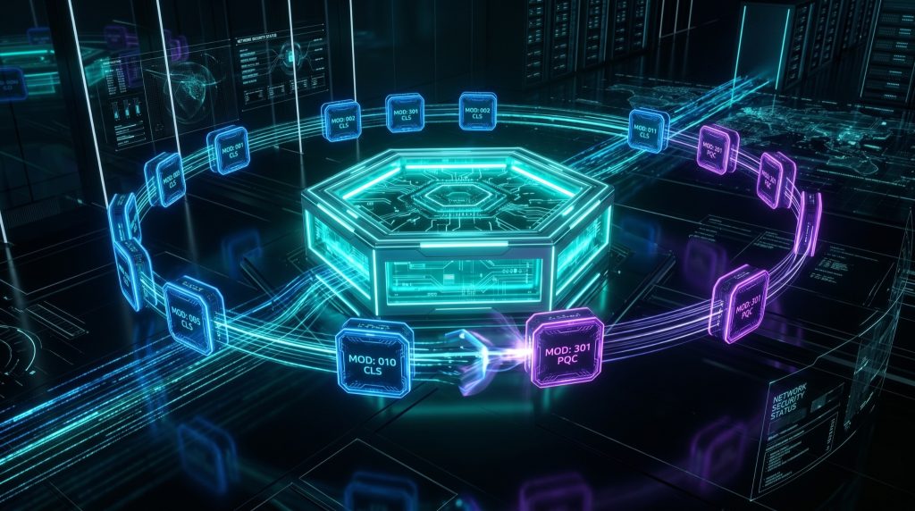 Modular security hub showing cryptographic algorithm blocks being swapped seamlessly, representing cryptographic agility in a post-quantum environment