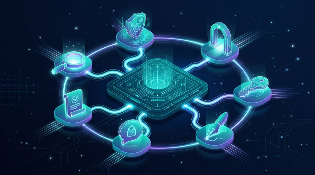 QuantumVault PQC Suite ecosystem showing seven interconnected capability modules including discovery, policy engine, gateway, key management, signing, collaboration, and audit