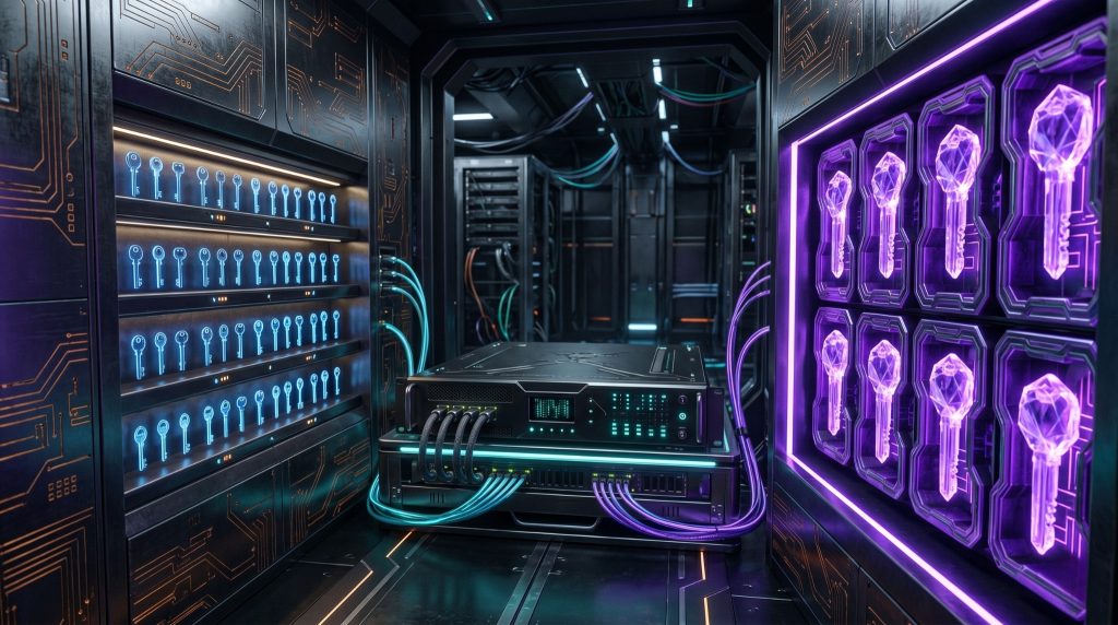 Digital key management vault showing classical cryptographic keys alongside larger post-quantum cryptographic keys managed through an HSM device