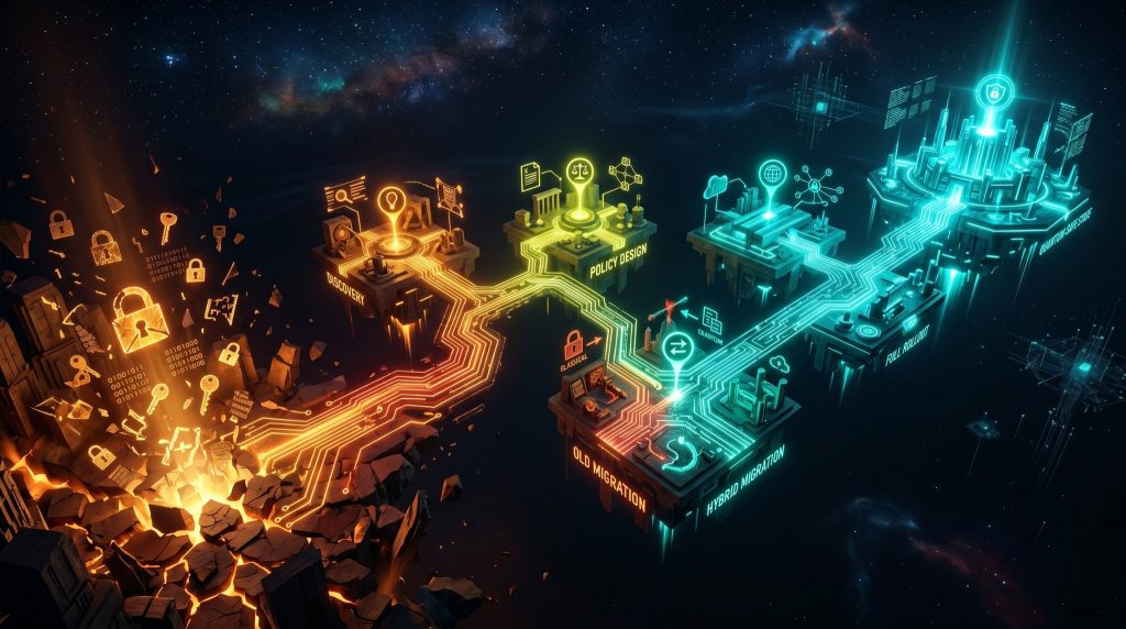 Five-phase PQC migration roadmap illustrated as a glowing journey path from classical encryption risk to quantum-safe security