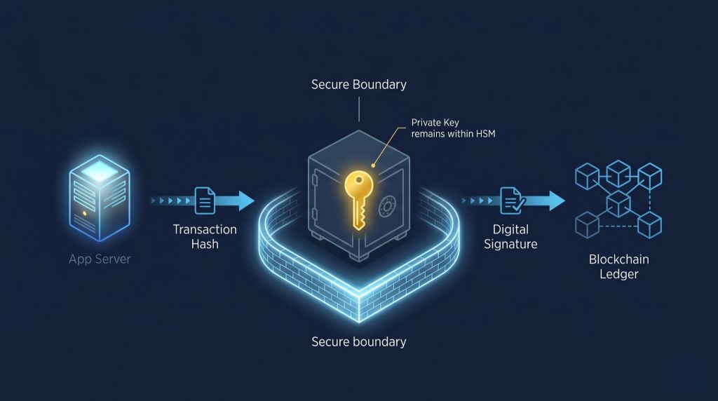 Blockchain transaction signing workflow showing how private keys are protected inside an HSM boundary