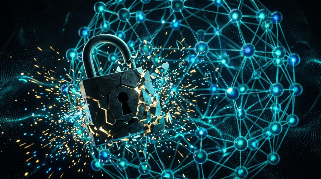 Quantum computing threat breaking classical cryptographic security, illustrating the need for post-quantum cryptography