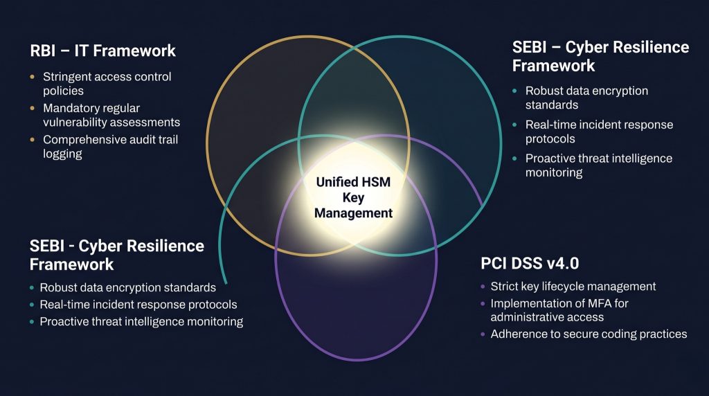 Diagram showing the overlapping regulatory compliance requirements of RBI, SEBI, and PCI DSS for Indian BFSI institutions