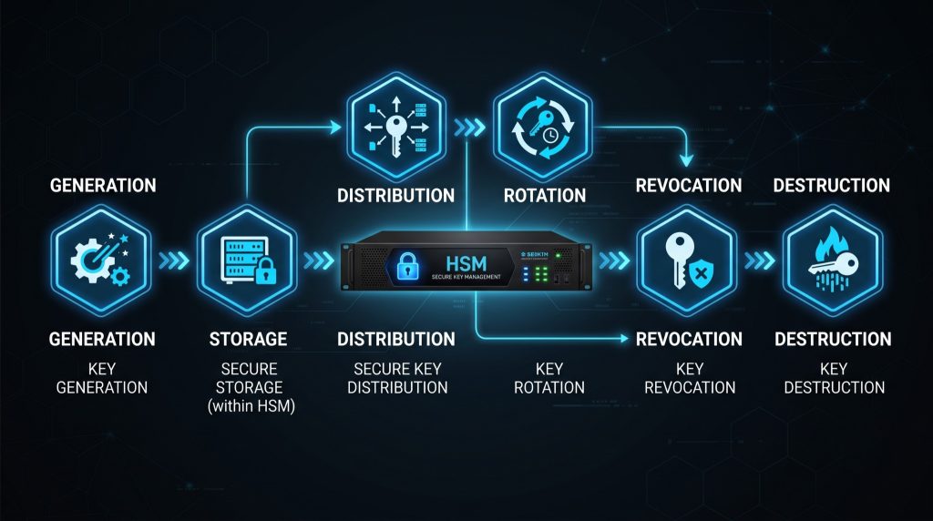 Visual diagram of the enterprise HSM cryptographic key lifecycle including generation, storage, distribution, rotation, and destruction